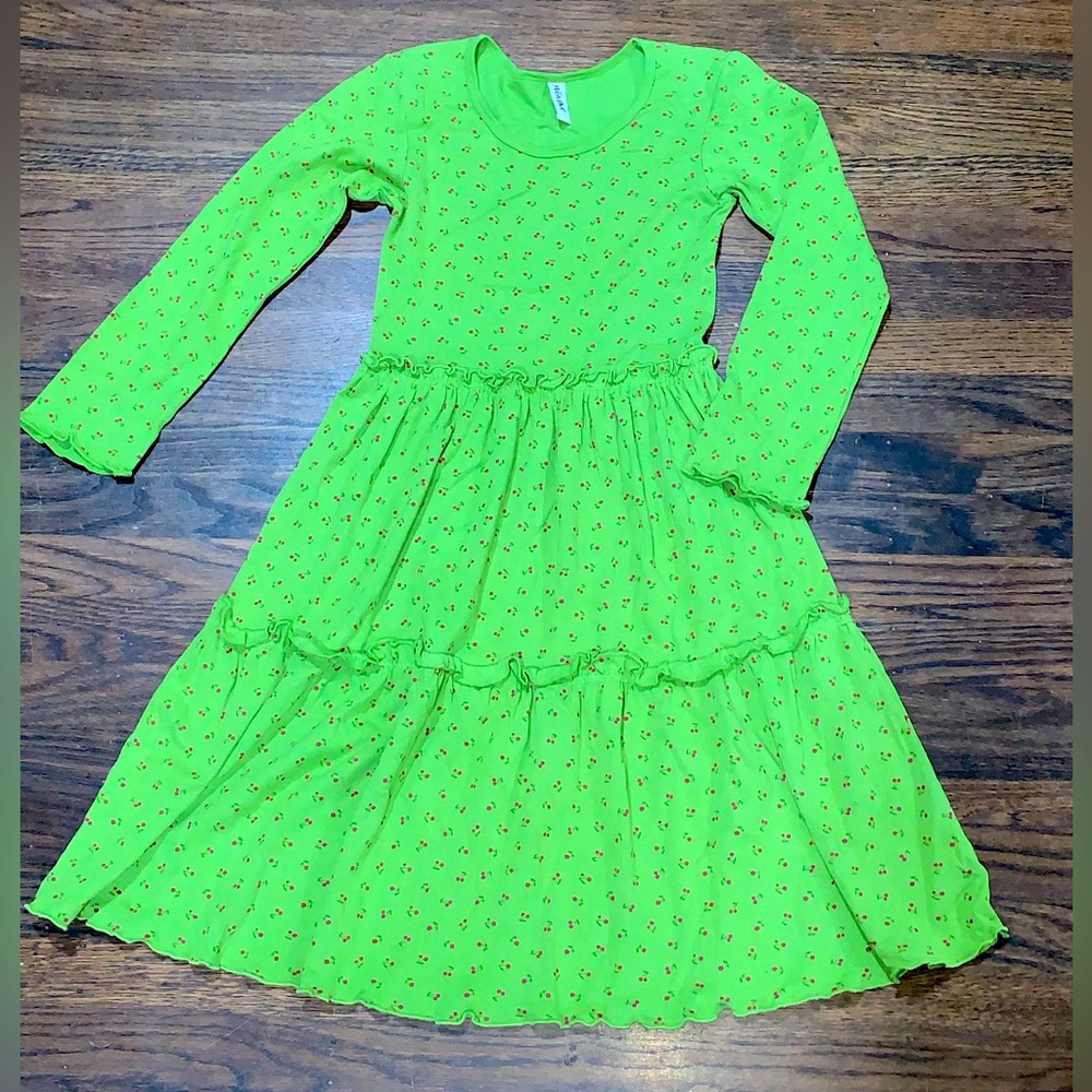 Girls Mignone Green Red Cherry Dress Size 12